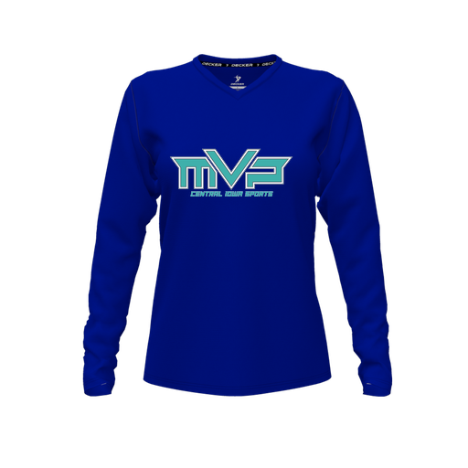 [CUS-DFW-TEES-CMF-VNK-LSL-RYL-FYXS-LOGO2] Decker Comfort T-Shirt (Female Youth XS, Royal, V Neck, Logo 2, Long Sleeve)