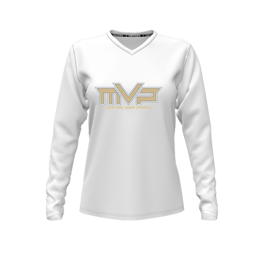 [CUS-DFW-TEES-PER-VNK-LSL-WHT-FYXS-LOGO1] Performance T-Shirt (Female Youth XS, White, V Neck, Logo 1, Long Sleeve)