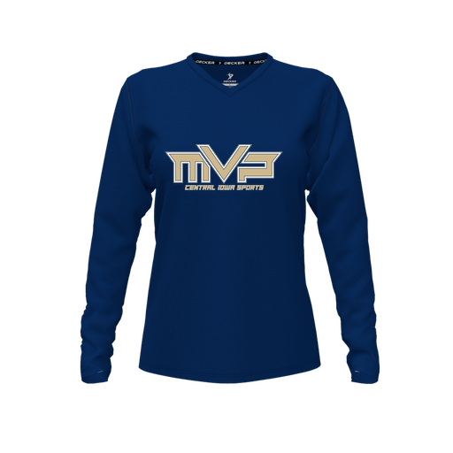 [CUS-DFW-TEES-PER-VNK-LSL-NVY-FYXS-LOGO1] Performance T-Shirt (Female Youth XS, Navy, V Neck, Logo 1, Long Sleeve)