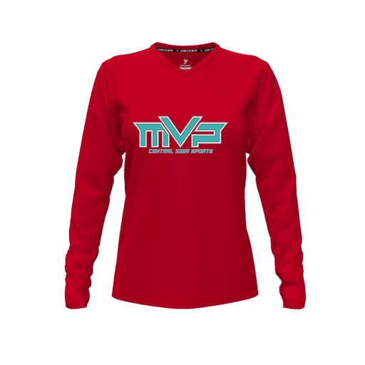 [CUS-DFW-TEES-PER-VNK-LSL-RED-FYXS-LOGO2] Performance T-Shirt (Female Youth XS, Red, V Neck, Logo 2, Long Sleeve)
